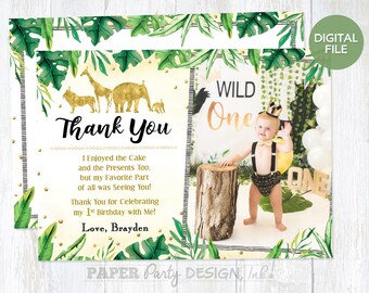 Cartão de agradecimento de aniversário Wild ONE, cartão de agradecimento Golden Safari para impressão, cartão de nota de agradecimento para impressão de aniversário WildONE 5 "x 7"
