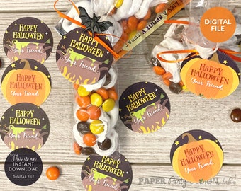 Happy Halloween druckbare Geschenkanhänger, 5 cm Halloween Geschenkanhänger, 5 cm Tag Sofort Download, passend für Avery® #22817 ™ vorgeschnittenes rundes 5 cm Etikettenpapier