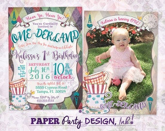 Alice in ONE-derland 1st Birthday Invitation with Photo, Digital ONE-derland 1st Birthday Party, Vintage Alice 1st Birthday 2 sided Invite