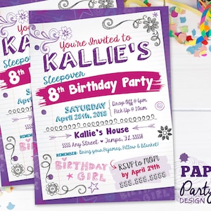 Digital Sleepover Birthday Party Invitation, Sleepover 5&quot; x 7&quot; Printable Birthday Party Invite, Girly Sleepover Birthday Invitation