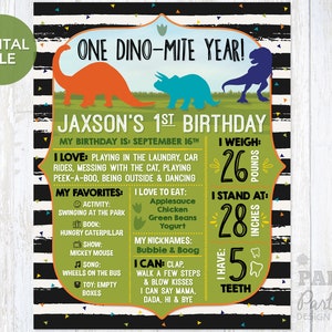 Dinosaur 1st Birthday Stats Poster, Dinosaur Party Printable Stats Sign, Dinosaur 11&quot; x 14&quot; Digital Milestone Poster, Dinosaur Birthday Sign