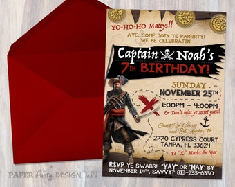 May include: A pirate-themed birthday invitation for a 7-year-old boy named Noah. The invitation features a cartoon pirate with a red bandana, holding a sword and standing in front of a treasure map. The invitation includes the date and time of the party, the address, and a request for RSVP by November 14th.