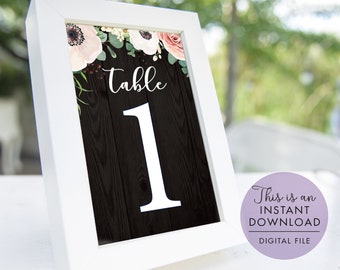 Table Number Set Black Wood and Floral Wedding, Printable Wedding Table Numbers 1 - 20, Wedding Table Numbers, Digital Wedding Table Numbers