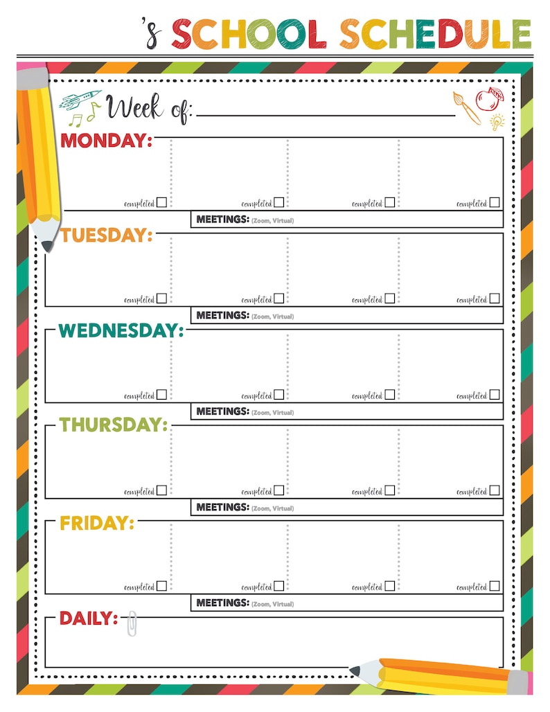 8.5 X 11 School Work Schedule Printable Set Etsy