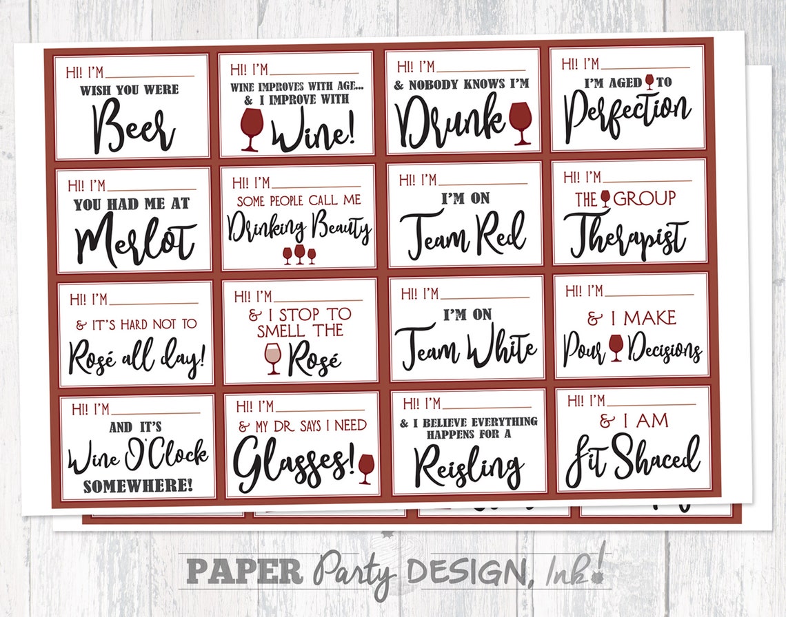 Wine Party Name Tag Set Wine Party Name Tags Wine Name Tag Etsy