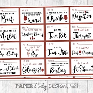 May include: A set of 12 wine-themed gift tags with red and white text on a brown background. The tags feature funny sayings about wine, such as "Hi! I'm Wine O'Clock Somewhere!" and "Hi! I'm Aged to Perfection."