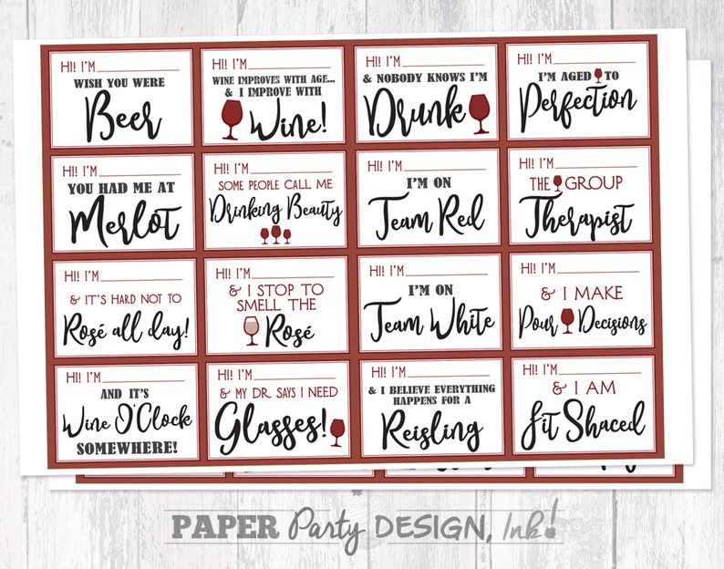 May include: A set of 12 wine-themed gift tags with red and white text on a brown background. The tags feature funny sayings about wine, such as "Hi! I'm Wine O'Clock Somewhere!" and "Hi! I'm Aged to Perfection."