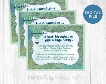 Adventure Baby Shower Book Card 4" x 5", Hot Air Balloon Shower Printable Book Card, Places You'll Go Digital Book Card, Bring a Book Card