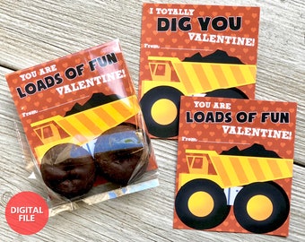 Valentine Construction Truck Donut Cards, Dump Truck Printable Kids Valentine Cards for Donuts,  Dump Truck Digital Donut Valentine Cards