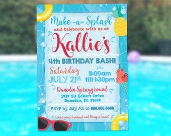 May include: A blue and white pool party invitation for Kallie's 4th birthday. The invitation features a pool with a pineapple, a life preserver, and a red and white ice cream cone. The text reads "Make-a-Splash and Celebrate with us at Kallie's 4th Birthday Bash! Saturday July 21st 11:00am till 1:30pm Dunedin Sprayground 1937 Ed Eckert Drive Dunedin, FL 34698 RSVP by July 7th to 888.888.8888 Wear your Swimsuit and Bring a Towel"