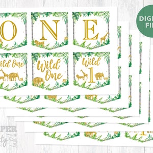 Wild ONE verjaardag banner afdrukbaar, gouden Safari banner letters, WildONE banner letter set, WildONE 1e verjaardag kinderstoel banner afdrukbaar