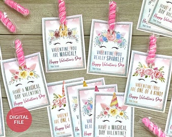 Printable Valentine's Day Unicorn Cards, Unicorn Valentines for Kids Card Set, Unicorn Valentine Digital File, Unicorn Lollipop Valentines