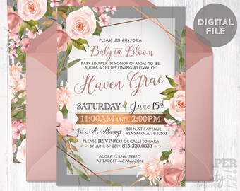 May include: A baby shower invitation with a floral design in shades of pink and green. The invitation features the text "Baby in Bloom" and "Haven Grae" in a script font. The invitation also includes the date and time of the shower, as well as the location and RSVP information.