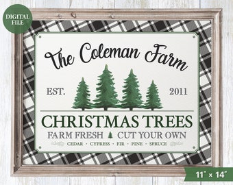 Personalized Christmas Tree Farm Printable in 11" x 14", Buffalo Plaid Christmas Wall Decor, Family Christmas Printable, Holiday Wall Art