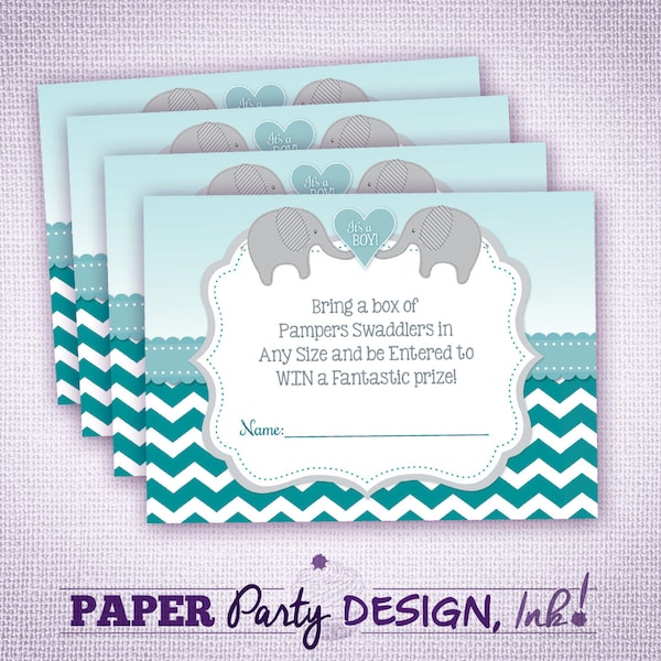 Little Peanut Baby Boy Shower, Modern Blue Chevron Boy Shower 4" x 5.5" Diaper Raffle Card, Baby Elephant Diaper Raffle Card Digital Card