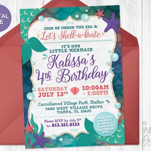 May include: A teal and purple mermaid-themed birthday invitation for Kalissa's 4th birthday party. The invitation features a mermaid tail, seashells, and bubbles. The party is on Saturday, July 13th from 10:00 AM to 1:00 PM at Carrollwood Village Park, Shelter 4 in Tampa, Florida. The invitation requests an RSVP by July 6th to 813-321-0123.