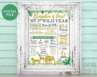 Puede incluir: Un cartel de primer cumpleaños de temática de selva, verde y dorado, para un niño llamado Brayden. El cartel incluye detalles sobre su primer año, como su peso, altura, actividades favoritas y alimentos. También presenta una linda ilustración de una jirafa y un elefante.