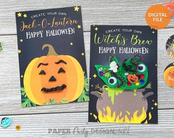 Halloween Make a Jack O Lantern and Witch's Brew Printable Craft Card Set, Halloween Craft Printable, Halloween Kids Party Favor Printables