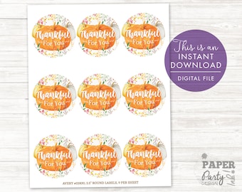 Pumpkin Thank You Tags, Thankful Tags, Pumpkin Favor Tags, Pumpkin Thank You Sticker Set, 2.5" Pumpkin Sticker Set for Avery Template 22830