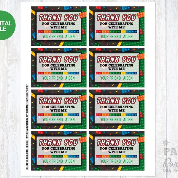 Printable Building Blocks Birthday Party Favor Tags, Block Party Printable Thank You Tags, Personalized Favor Tags, Color Bricks Birthday