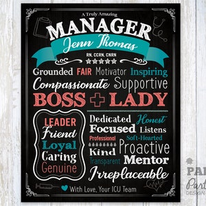 May include: A black and white chalkboard sign with the text "A Truly Amazing Manager" and the name "Jenn Thomas" in a teal blue ribbon. The sign also includes the text "RN, CCRN, CNRN" and a five-star rating. The sign lists positive qualities of a manager, such as "Grounded, Fair, Motivator, Inspiring, Compassionate, Supportive, Leader, Friend, Loyal, Caring, Genuine, Dedicated, Honest, Focused, Listens, Kind, Proactive, Transparent, Mentor, Irreplaceable". The sign also includes the text "Boss + Lady" in a pink color and the text "With Love, Your ICU Team" at the bottom.