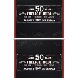 May include: Black and white chalkboard style birthday banner with red accents. The banner reads "Premium Aged 50 Years Quality Limited Edition Vintage Dude The Man The Myth The Legend Jason's 50th Birthday".