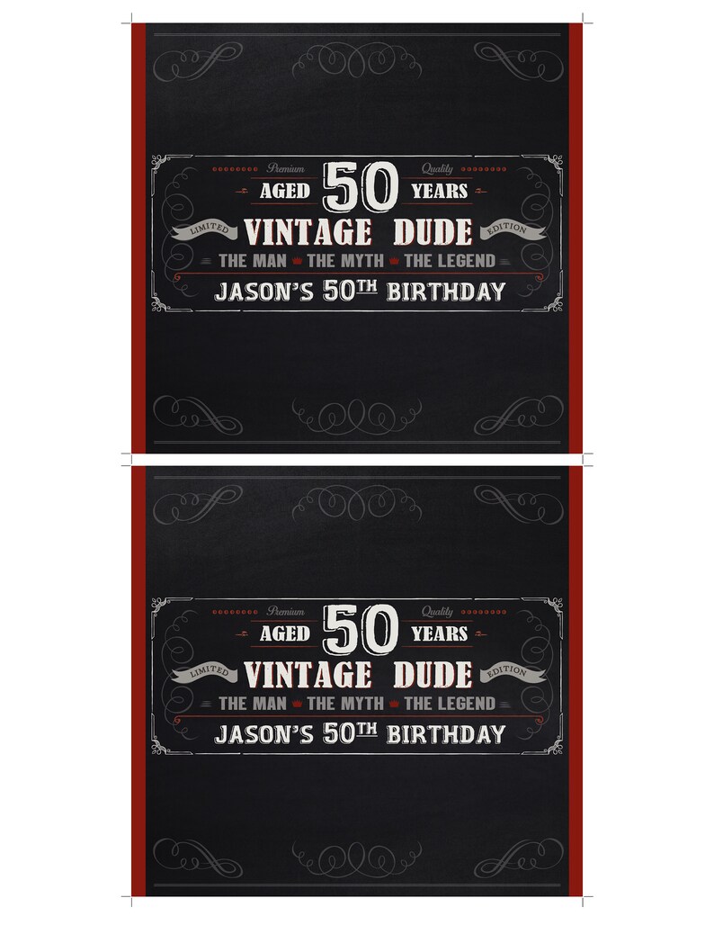 May include: Black and white chalkboard style birthday banner with red accents. The banner reads "Premium Aged 50 Years Quality Limited Edition Vintage Dude The Man The Myth The Legend Jason's 50th Birthday".