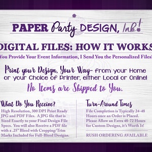 May include: A purple and white graphic with the text "PAPER Party DESIGN, Ink!" and "DIGITAL FILES: HOW IT WORKS". The text explains that you provide your event information and the seller will send you personalized files. The graphic also includes the text "Print your Design, Your Way - from your home or your choice of printer, either local or online!" and "No Items are Shipped to You."