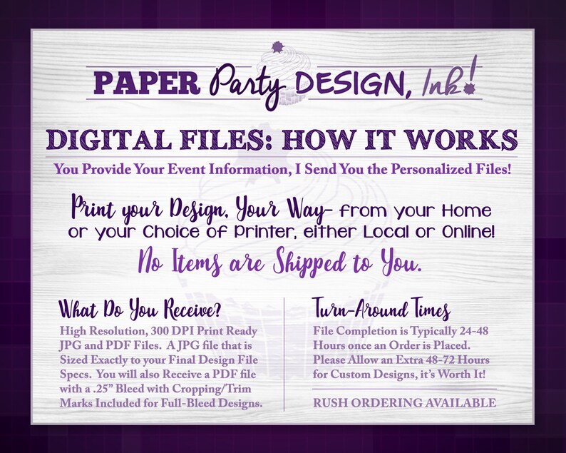 May include: A purple and white graphic with the text "PAPER Party DESIGN, Ink!" and "DIGITAL FILES: HOW IT WORKS". The text explains that you provide your event information and the seller will send you personalized files. The graphic also includes the text "Print your Design, Your Way - from your home or your choice of printer, either local or online!" and "No Items are Shipped to You."