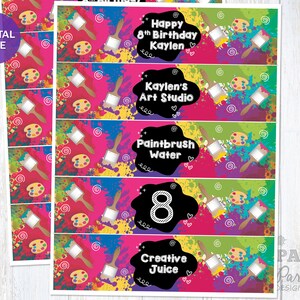 Printable Art Party Personalized Water Bottle Labels, Paint Party Bottle Wrappers, Paint Party Water Bottle Wraps, Art Party, Artist Party