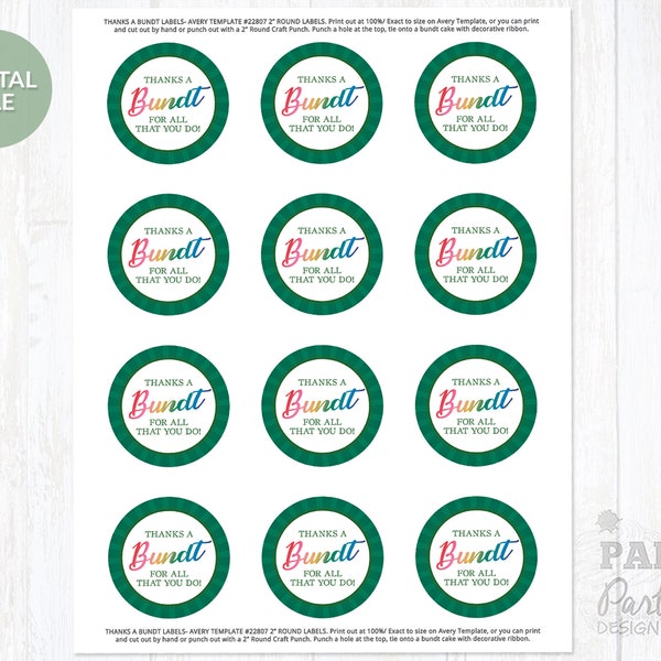 Printable Bundt Cake Thank You Tags, Thanks a Bundt Cake Gift Tags, 2" Printable Thank You Gift Tags, 2" Round Gift Tags