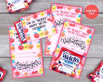Printable Valentine&#39;s Day Fruit Snack Cards, Berry Happy We&#39;re Friends Fruit Snack Cards, Kids Valentine Printables, Fruit Snacks Valentine