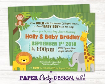 May include: A blue and green baby shower invitation with a jungle theme. The invitation features a lion, giraffe, and elephant. The text reads "We're WILD with Excitement & Happy to Say... a Sweet BABY BOY is on his way! Please Join Us for a Baby Shower Honoring Holly & Baby Bradley SEPTEMBER 1ST 2018 @ 1:00pm 45667 Cypress Drive Tampa, FL 33624 Holly Jones is registered at Amazon and Target RSVP to 813-903-3000 by August 26th ~ PAPER Party DESIGN, Ink!"