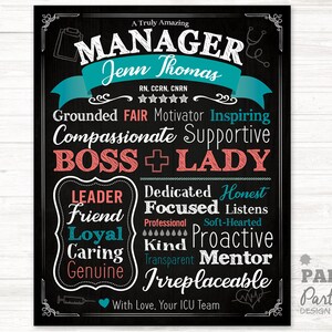 May include: A black and white chalkboard sign with the text "A Truly Amazing Manager Jenn Thomas RN, CCRN, CNRN" and a list of positive attributes, including "Grounded, Fair, Motivator, Inspiring, Compassionate, Supportive, Boss + Lady, Leader, Friend, Loyal, Caring, Genuine, Dedicated, Honest, Focused, Listens, Professional, Soft-Hearted, Kind, Proactive, Transparent, Mentor, Irreplaceable". The sign also includes a heart, a stethoscope, a syringe, and the text "With Love, Your ICU Team".