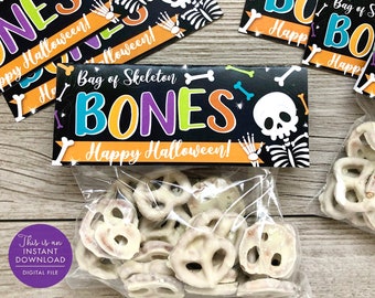 Printable Halloween Bag Topper, Skeleton Bones Pretzel Treat Bag Topper, Bag of Bones Halloween Bag Topper Favor Printable, Instant Download