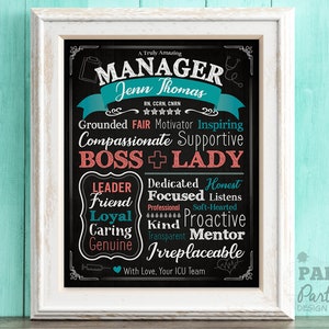 May include: A black chalkboard with white text that reads "A Truly Amazing Manager Jenn Thomas RN, CCRN, CNRN Grounded FAIR Motivator Inspiring Compassionate Supportive BOSS + LADY Dedicated Honest Leader Focused Listens Friend Professional Soft-Hearted Loyal Kind Proactive Caring Transparent Mentor Genuine Irreplaceable With Love, Your ICU Team". The text is in a decorative font and is surrounded by a white border. The chalkboard is framed in a white frame.
