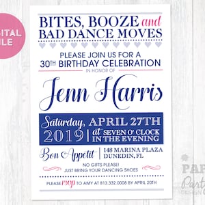 Bites Booze and Bad Dance Moves Birthday Invitation, Bites and Booze Party Invitation Printable, Digital Invitation, Funny Birthday Invite