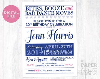Bites Booze and Bad Dance Moves Geburtstagseinladung, Bites and Booze Party Einladung druckbar, digitale Einladung, Lustige Geburtstagseinladung