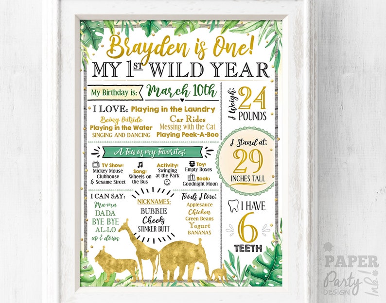 Golden Safari Party Printable Stats Sign Wild ONE Birthday Wild ONE 1st Birthday Stats Poster WildONE 11 x 14 Digital Milestone Poster