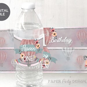 Printable Hot Air Balloon Birthday Water Bottle Wrappers, Hot Air Balloon Party Wrappers, Girl 1st Birthday Personalized Bottle Wraps