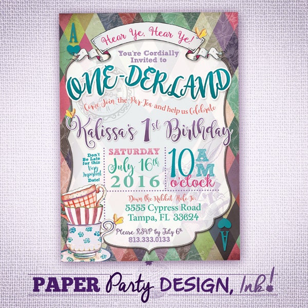 Digital Alice in ONE-derland 1st Birthday Invitation One Sided, One-derland 1st Birthday Party, Vintage Alice 1st Birthday Invitation