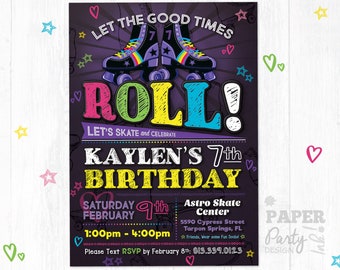 May include: A purple and black birthday party invitation with a colorful "Roll!" graphic and roller skates. The invitation is for Kaylen's 7th birthday party at Astro Skate Center on Saturday, February 9th from 1:00pm to 4:00pm. The text "Let's Skate and Celebrate" is included on the invitation.