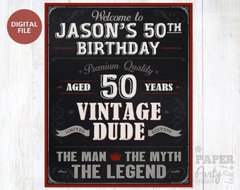 Vintage Dude Welcome Birthday Sign 16" x 20", Printable Birthday Welcome Poster, Personalized "Vintage Dude" Welcome Sign, 50th Birthday Art