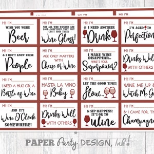 May include: A set of 12 red wine-themed party game cards with white text. The cards feature humorous phrases like "I'm aged to perfection" and "I need a hug or a bottle of wine".