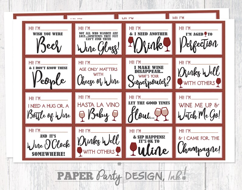 Wine Party Name Tag Set Wine Party Name Tags Wine Name Tag Etsy