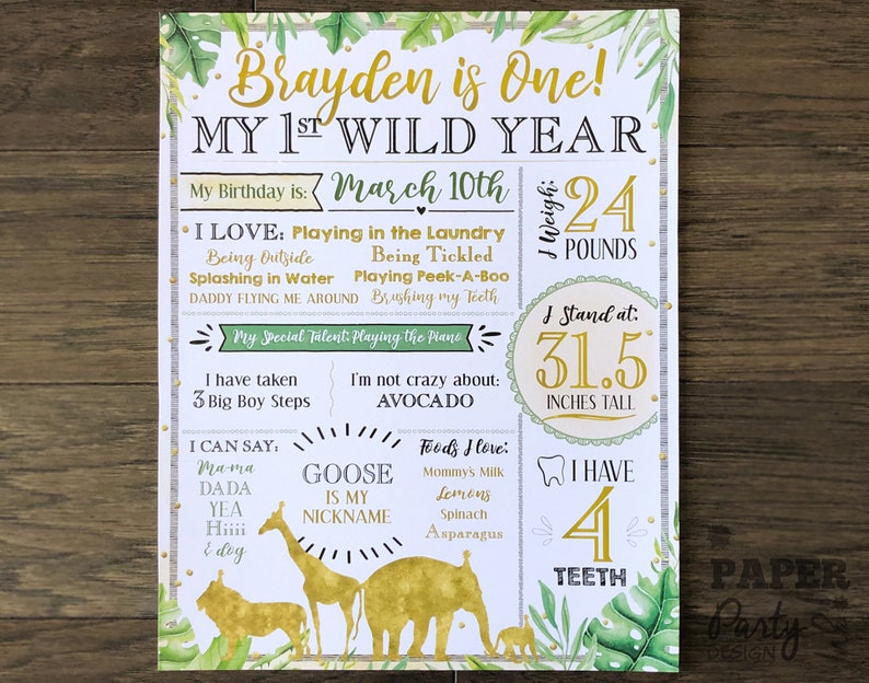 Golden Safari Party Printable Stats Sign Wild ONE Birthday Wild ONE 1st Birthday Stats Poster WildONE 11 x 14 Digital Milestone Poster