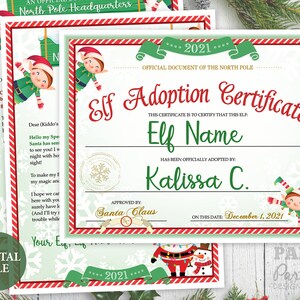 Printable Personalized Christmas Elf Letter and Adoption Certificate Set, Digital Elf Letter Set ...