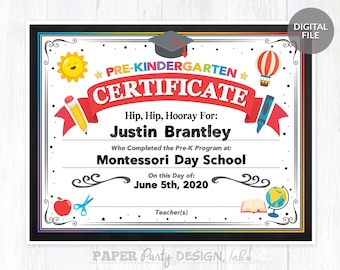 PreK Graduation Certificate Printable, Pre-K Graduate Certificate, Preschool Graduation Diploma, Personalized Preschool 8.5x11 Certificate