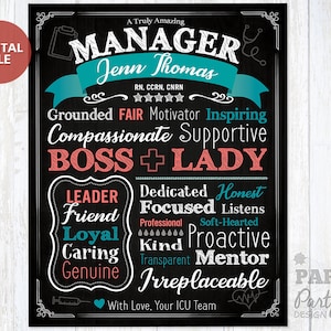 May include: Black and white chalkboard style printable sign with the text "A Truly Amazing Manager Jenn Thomas RN, CCRN, CNRN" with five stars below the name. The sign lists positive attributes for a manager, including "Grounded, Fair, Motivator, Inspiring, Compassionate, Supportive, Boss + Lady, Leader, Dedicated, Honest, Friend, Focused, Listens, Loyal, Kind, Proactive, Caring, Transparent, Mentor, Genuine, Irreplaceable". The sign ends with "With Love, Your ICU Team" and a heart.