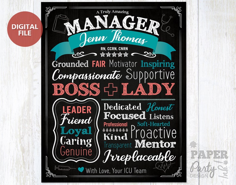 May include: Black and white chalkboard style printable sign with the text "A Truly Amazing Manager Jenn Thomas RN, CCRN, CNRN" with five stars below the name. The sign lists positive attributes for a manager, including "Grounded, Fair, Motivator, Inspiring, Compassionate, Supportive, Boss + Lady, Leader, Dedicated, Honest, Friend, Focused, Listens, Loyal, Kind, Proactive, Caring, Transparent, Mentor, Genuine, Irreplaceable". The sign ends with "With Love, Your ICU Team" and a heart.